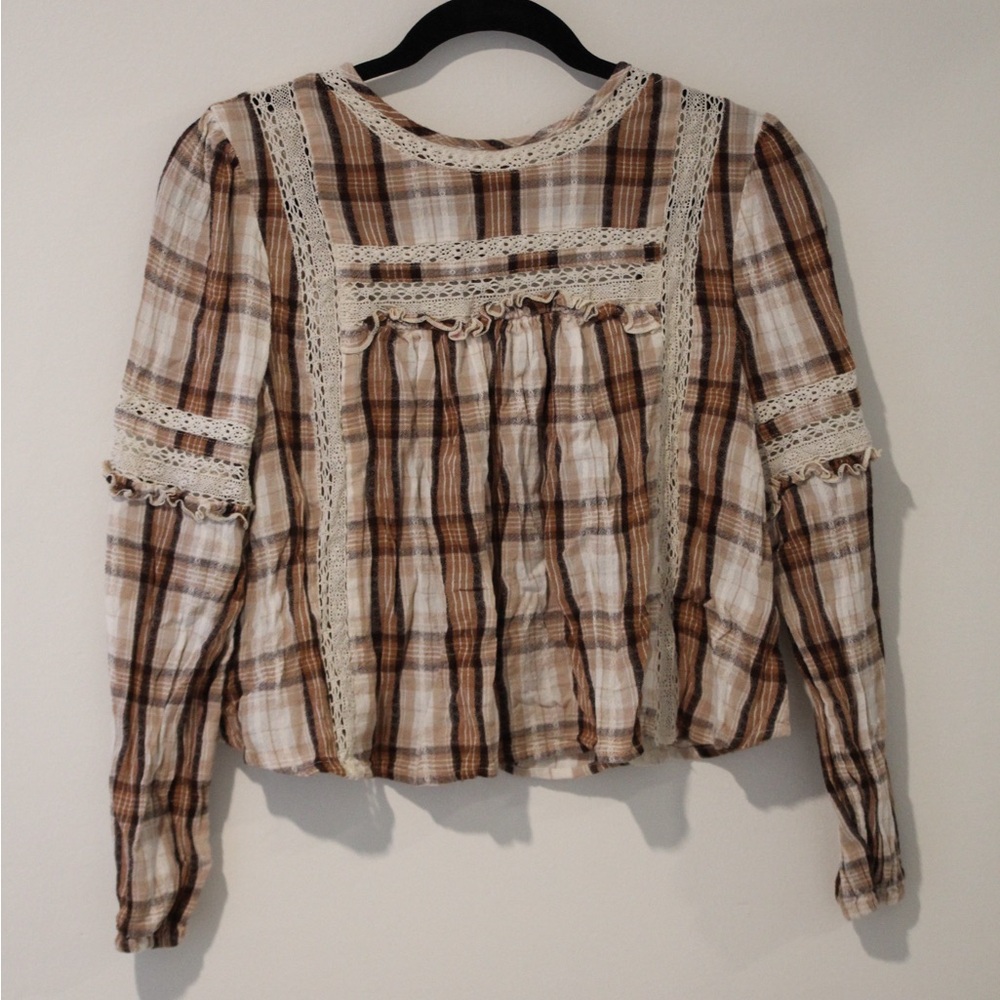 American Eagle Plaid Lace Trim Women's Top with cutout back